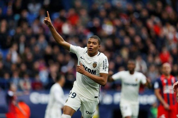 Monaco's forward Kylian Mbappe Lottin celebrates after scoring a goal during the French L1 football match against Caen (SMC) March 19, 2017