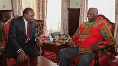 President Uhuru Kenyatta chats with former President Daniel arap Moi when he paid him a courtesy call at his home in Kabarnet Gardens in Nairobi on February 16, 2017.