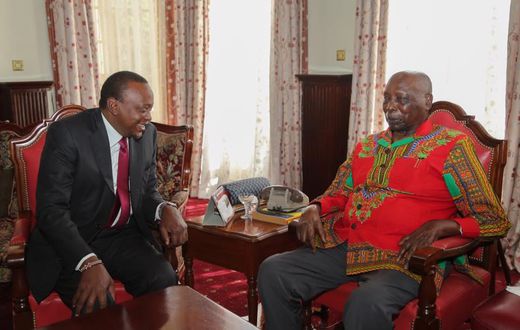 President Uhuru Kenyatta chats with former President Daniel arap Moi when he paid him a courtesy call at his home in Kabarnet Gardens in Nairobi on February 16, 2017.