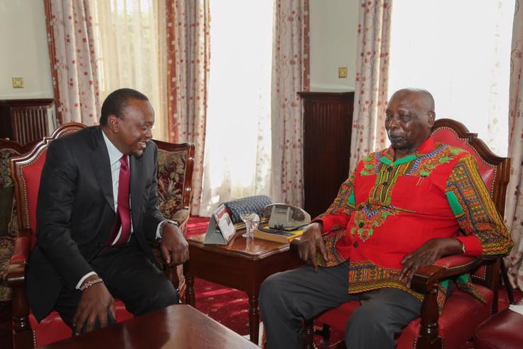 President Uhuru Kenyatta chats with former President Daniel arap Moi when he paid him a courtesy call at his home in Kabarnet Gardens in Nairobi on February 16, 2017.
