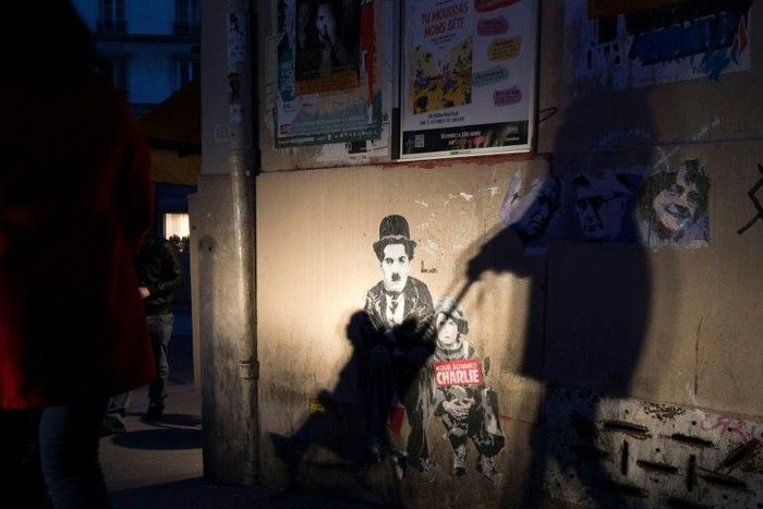 Street art by an unknown artist commemorates the first anniversary of the attack on satirical magazine Charlie Hebdo's Paris office