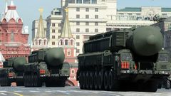 A column of Russia's Topol intercontinental ballistic missile launchers rolls at the Red Square in Moscow, on May 9, 2013, during Victory Day parade
