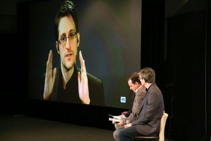 Edward Snowden speaks via videolink during Politicon at the Los Angeles Convention Center on October 10, 2015