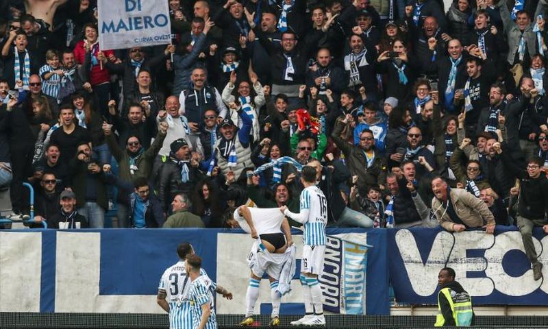 Cheeky celebration: Sergio Floccari hits the winner for SPAL against Juventus