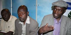 Chairman of the Kenya Railways retirees Johnson Miano (right) during a past meeting