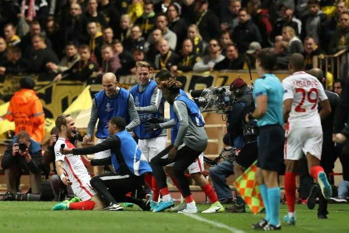 Monaco's Valere Germain celebrates after scoring his team's third goal during the UEFA Champions League match against Borussia Dortmund on April 19, 2017