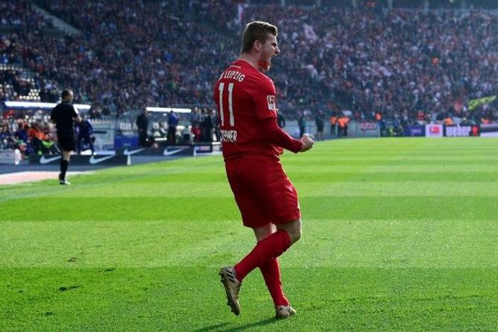 Leipzig's Timo Werner reacts after scoring during theor German First division Bundesliga football match against Hertha Berlin in Berlin, Germany, on May 6, 2017