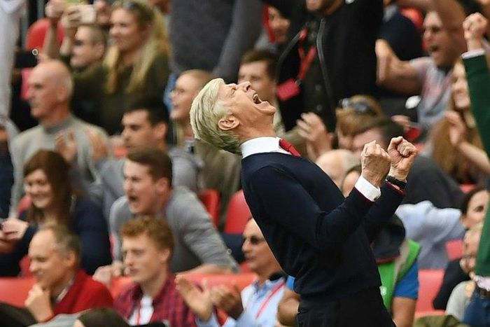 Arsenal's manager Arsene Wenger celebrates victory after the FA Cup semi-final football match against Manchester City on April 23, 2017