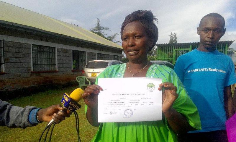 Elgeyo Marakwet woman representative hopeful Florence Boinett displays the certificate the received fromt he IEBC after clearance on May 31, 2017.