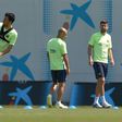 (From L) Barcelona's Sergio Busquets, Javier Mascherano and Gerard Pique take part in a training session in Sant Joan Despi on May 26, 2017, on the eve of their Spanish King's Cup final match against Deportivo Alaves