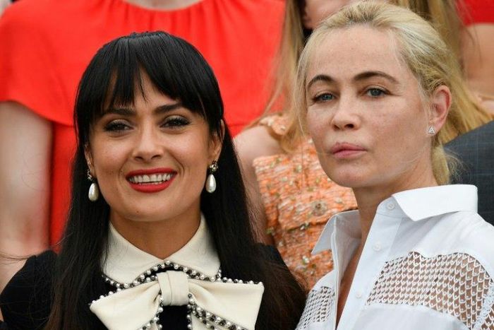 US-Mexican actress Salma Hayek (L) and French actress Emmanuelle Beart pose on May 23, 2017 during a photocall for the '70th Anniversary' of the Cannes Film Festival