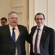 Greek foreign minister Nikos Kotzias (L) poses with UN envoy for Cyprus, Espen Barth Eide prior their meeting in Athens on February 3, 2017