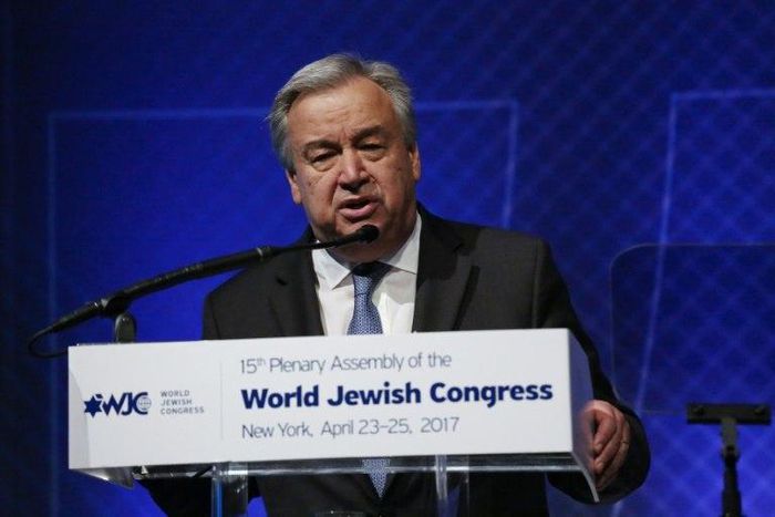 United Nations Secretary General Antonio Guterres addresses The World Jewish Congress on April 23, 2017 in New York