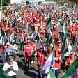 Members of Brazilian social movements march in Brasilia during a national strike against a government's Brazilian Social Welfare reform project on March 15, 2017