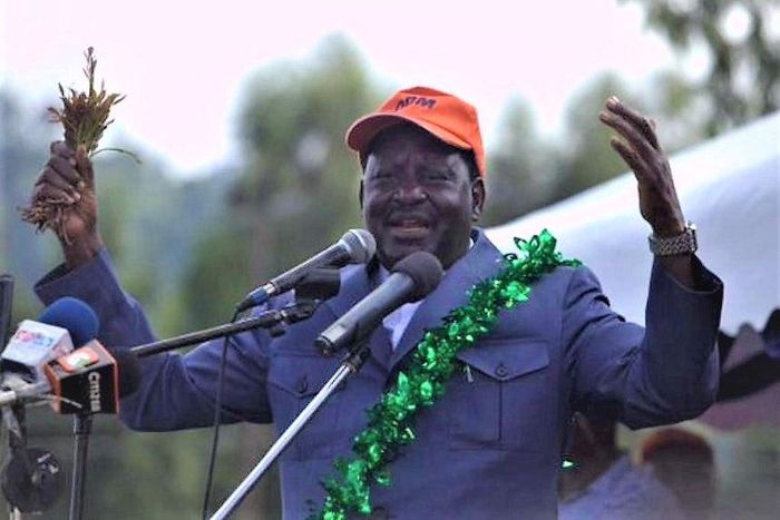 Cord leader Raila Odinga speaking when he addressed a crowd in Maua, Meru County in a past rally.
