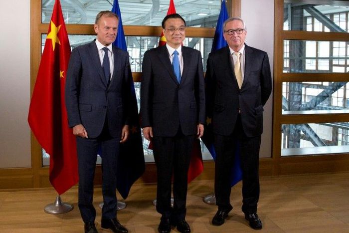 (From left) European Council President Donald Tusk, Chinese Prime Minister Li Keqiang and European Commission President Jean-Claude Juncker pose at the European Council in Brussels, on June 1, 2017