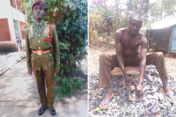 Recce squad officer Nicholas Langat in uniform and as a quarry worker (Nation)