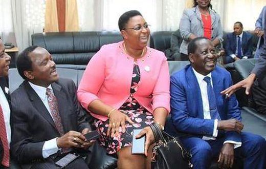 ODM leader Raila Odinga with Wiper leader Kalonzo Musyoka and MP Aisha Jumwa