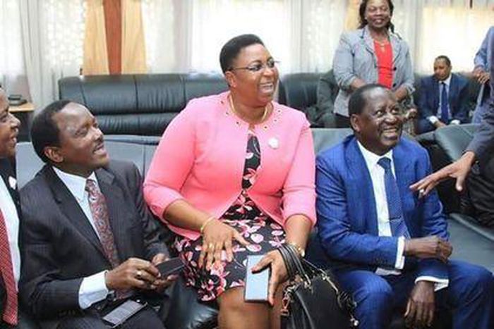 ODM leader Raila Odinga with Wiper leader Kalonzo Musyoka and MP Aisha Jumwa