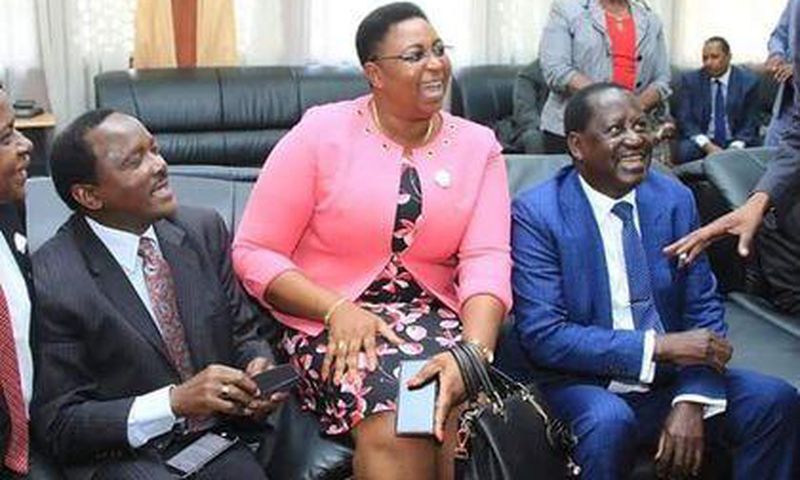 ODM leader Raila Odinga with Wiper leader Kalonzo Musyoka and MP Aisha Jumwa