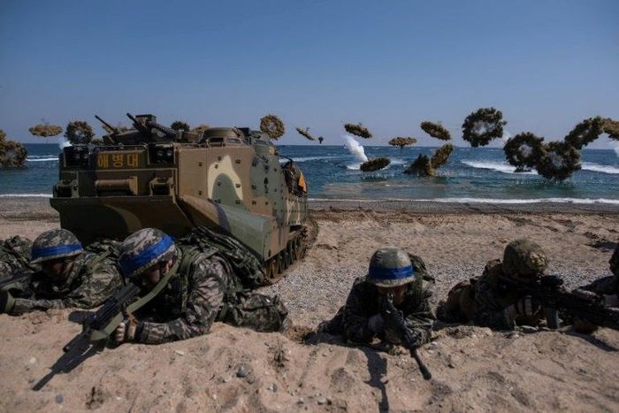 South Korean and US soldiers take part in an amphibious landing exercise in Pohang, on South Korea's southeast coast