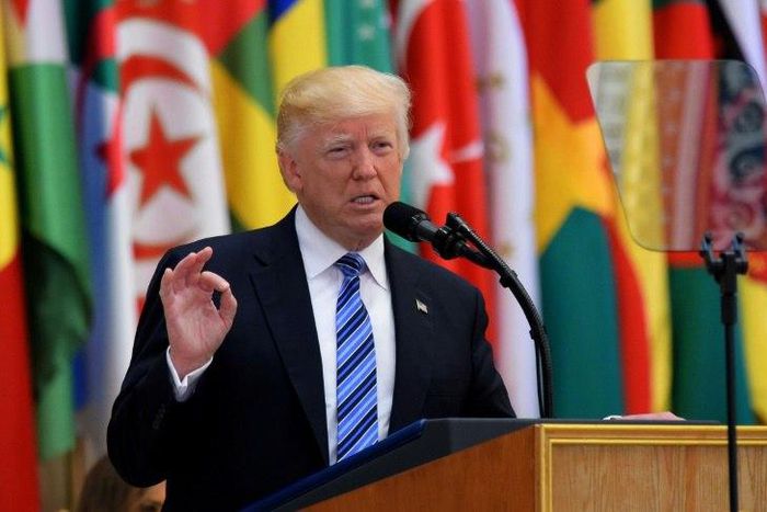 US President Donald Trump speaks at Arab Islamic American Summit in Riyadh on May 21, 2017, calling on all countries to work together to isolate Iran "until the Iranian regime is willing to be a partner for peace"