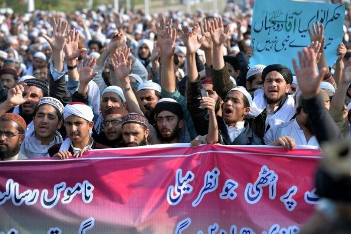 Religious students and activists gather for a protest against social media in Islamabad on March 8, 2017, demanding the removal of all blasphemous content from social media sites in the country
