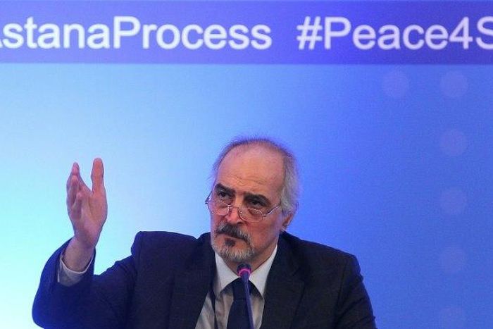Syria's UN ambassador and head of the government delegation Bashar al-Jaafari gestures as he speaks during a press conference following the second session of Syria peace talks at the Rixos President Hotel in Astana, on February 16, 2017