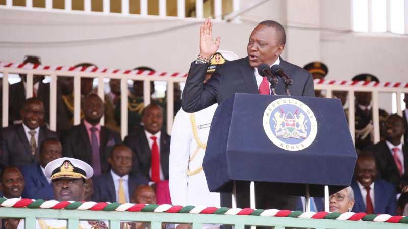 President Uhuru Kenyatta giving his speech during the Mashujaa Day at Bukhungu Stadium in 2018