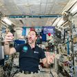 French astronaut Thomas Pesquet displays his juggling and eating skills during a light moment on the International Space Station
