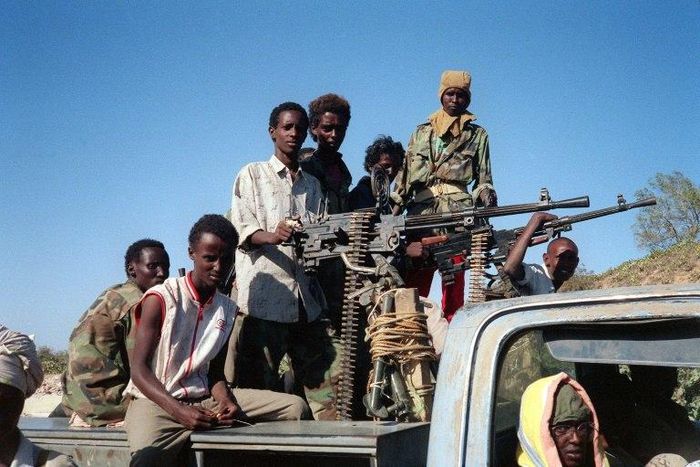 Somali rebel fighters from the Salvation democratic Front move in their military vehicule in March 1991 in Bufo, 85 kilometers of Mogadiscio