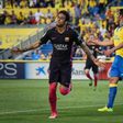 Barcelona's forward Neymar celebrates his second goal against Las Palmas on May 14, 2017