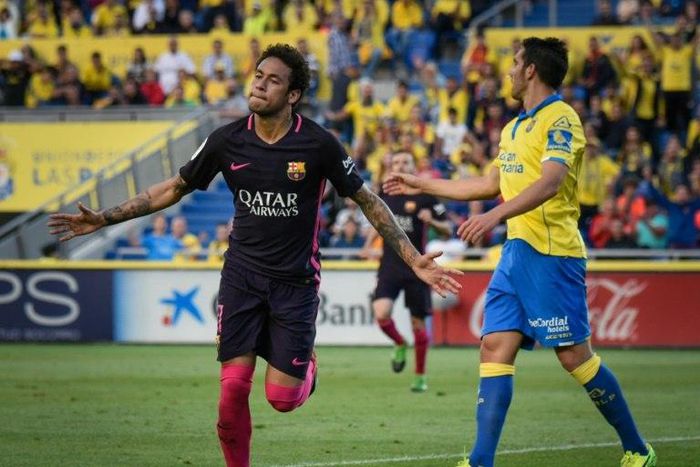 Barcelona's forward Neymar celebrates his second goal against Las Palmas on May 14, 2017