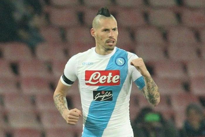 Napoli's midfielder from Slovakia Marek Hamsik celebrates scoring against Inter Milan on December 2, 2016