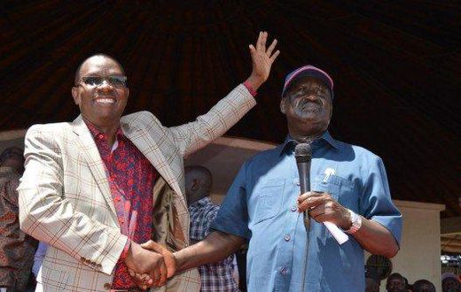 NASA leader Raila Odinga receives former TNA secretary general Onyango Oloo on January 18, 2017.