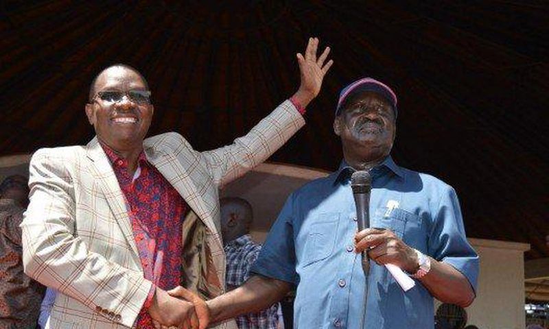 NASA leader Raila Odinga receives former TNA secretary general Onyango Oloo on January 18, 2017.