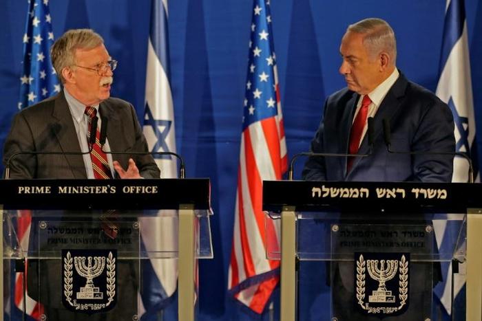 Israeli Prime Minister Benjamin Netanyahu (R) with the US National Security Advisor John Bolton, during a statement to the media in Jerusalem on January 6, 2019