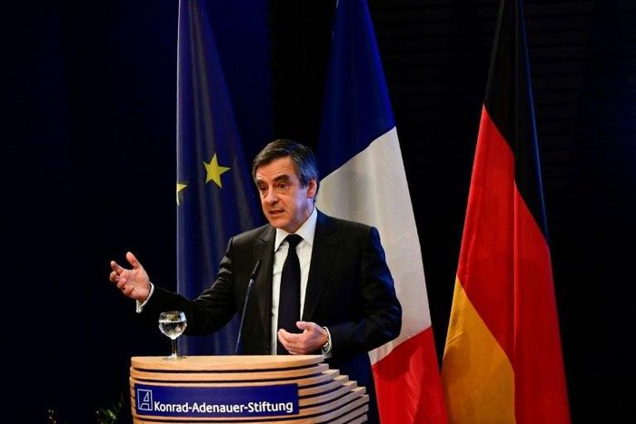 Les Republicains (LR) party candidate for the French 2017 presidential election, Francois Fillon, gives a talk during his visit at the Konrad Adenauer Foundation in Berlin on January 23, 2017