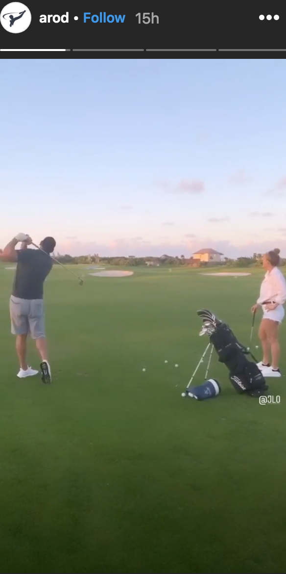 A recent shot from A.Rods Insta story shows the couple golfing together in paradise.