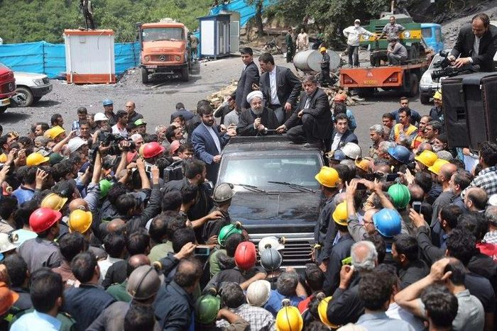 Iranian President Hassan Rouhani visits the coal mine in Azadshahr where an explosion trapped and killed dozens of workers