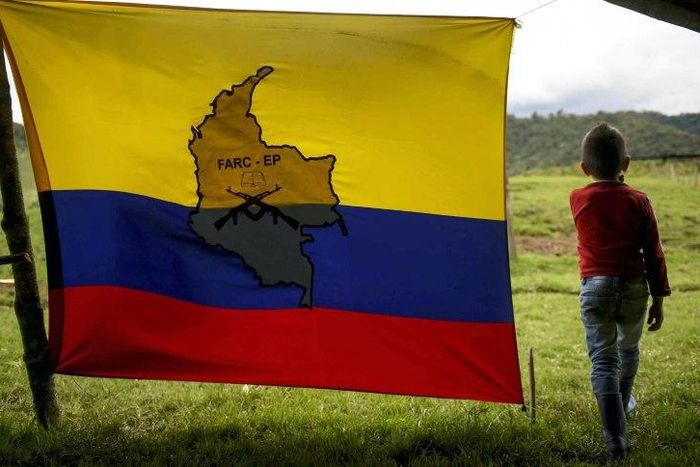 A boy stands next to a FARC-EP flag in the group's birthplace in Marquetalia, center-west Colombia