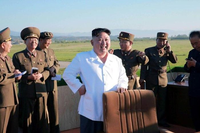 North Korean leader Kim Jong-Un (centre) oversaw the test of a new anti-aircraft missile system on May 28, 2017