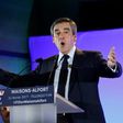 French presidential election candidate Francois Fillon delivers a campaign speech in Maisons-Alfrt outside Paris on Friday