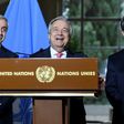 UN Secretary-General Antonio Guterres (centre) is flanked by Turkish Cypriot leader Mustafa Akinci (left) and Greek Cypriot President Nicos Anastasiades during a press conference in Geneva, on January 12, 2017