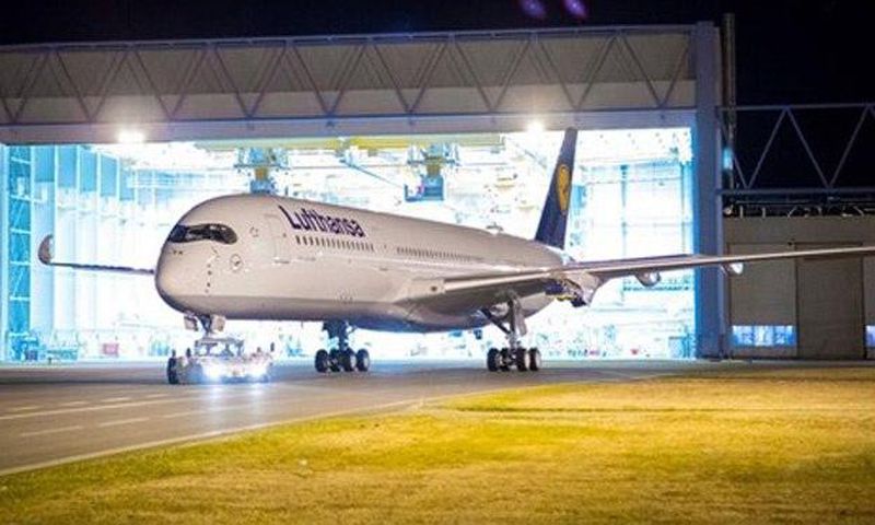 The first Airbus A350-900 for Lufthansa is rolled out of the Airbus paint shop