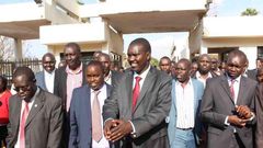 Governors Alex Tolgos (Elgeyo Marakwet), Jackson Mandago (Uasin Gishu), MP Oscar Sudi and other leaders leave the CID headquarters in Nairobi.