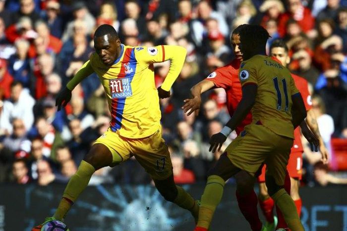 Crystal Palace's Christian Benteke controls the ball during their English Premier League match against Liverpool, at Anfield in Liverpool, on April 23, 2017