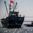 Qin Yusheng guides his mules between boats in the shallow waters of Xianrendao, in China's northeastern Liaoning province