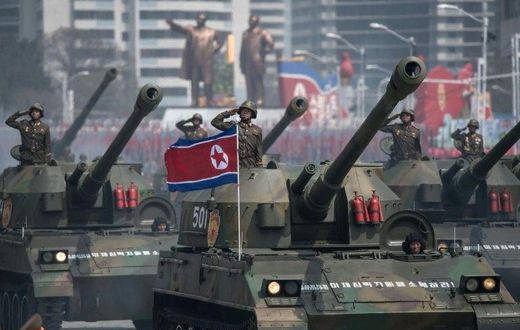 Korean People's Army tanks parade through Pyongyang on the 105th anniversary of the birth of late North Korean leader Kim Il-Sung on April 15, 2017