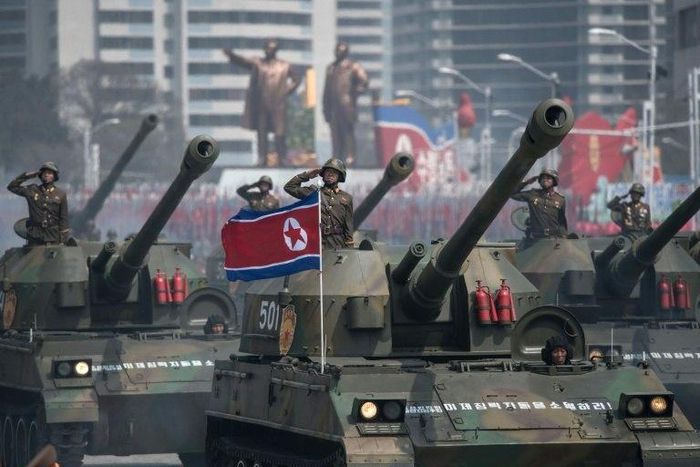 Korean People's Army tanks parade through Pyongyang on the 105th anniversary of the birth of late North Korean leader Kim Il-Sung on April 15, 2017